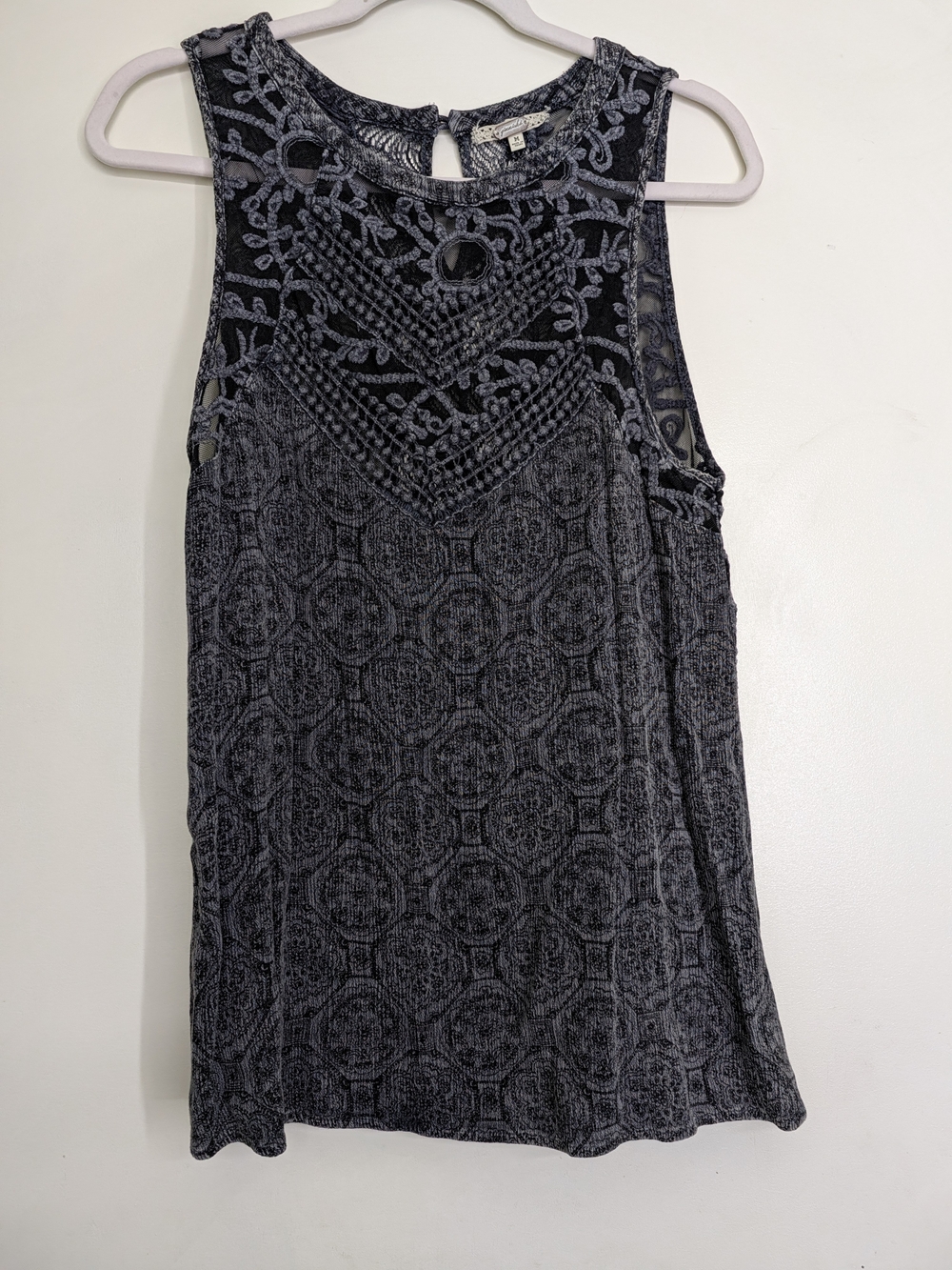 gimmicks by BKE Black & Gray Crochet-Yoke Tank